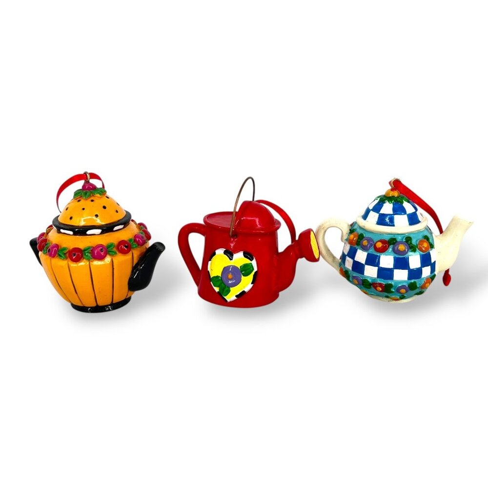 Mary Engelbreit Ceramic Teapot Watering Can Ornaments Set of Three